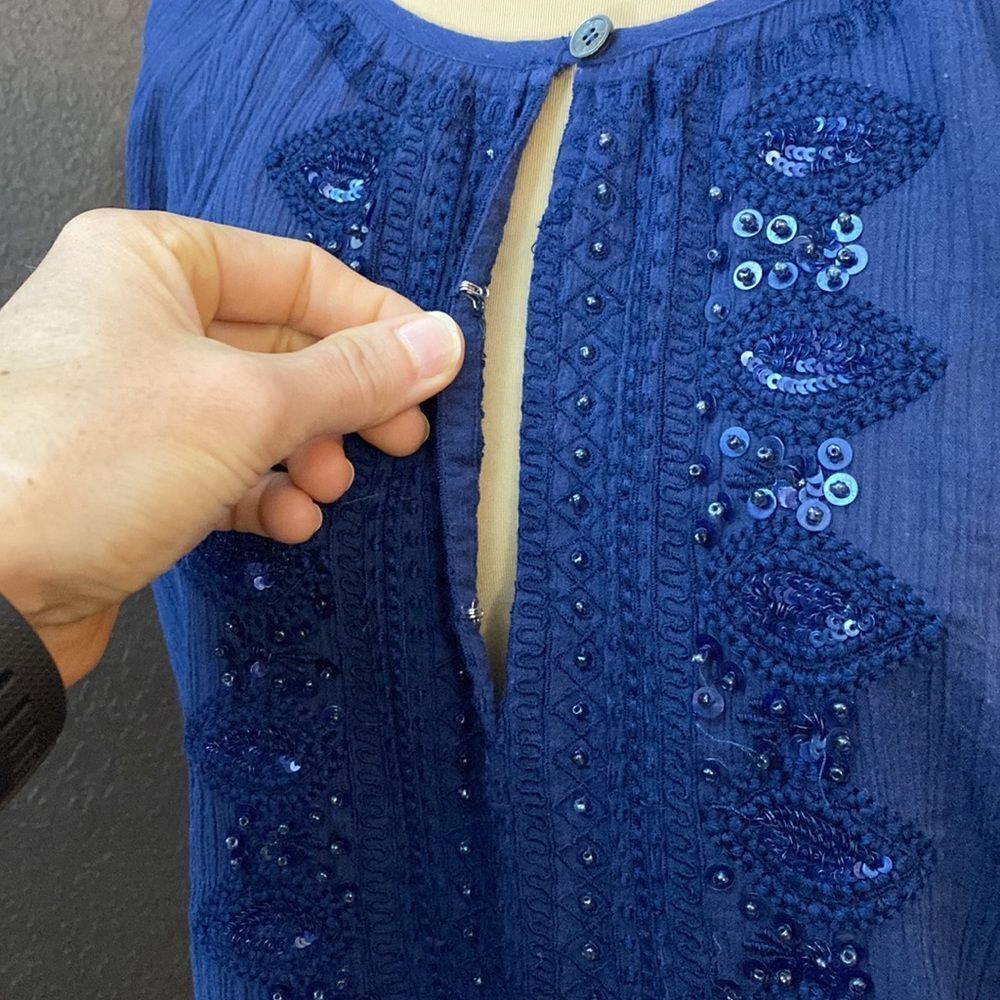 Tommy Bahama navy blue boho embroidered beaded 3/4 sleeve cotton gauze tunic top - Picture 3 of 8